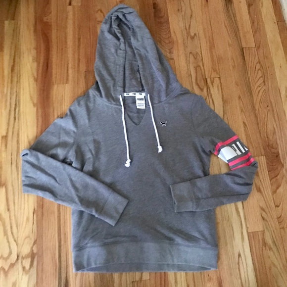 PINK Victoria's Secret Tops - PINK Victoria’s Secret V Neck Hoodie Gray Large